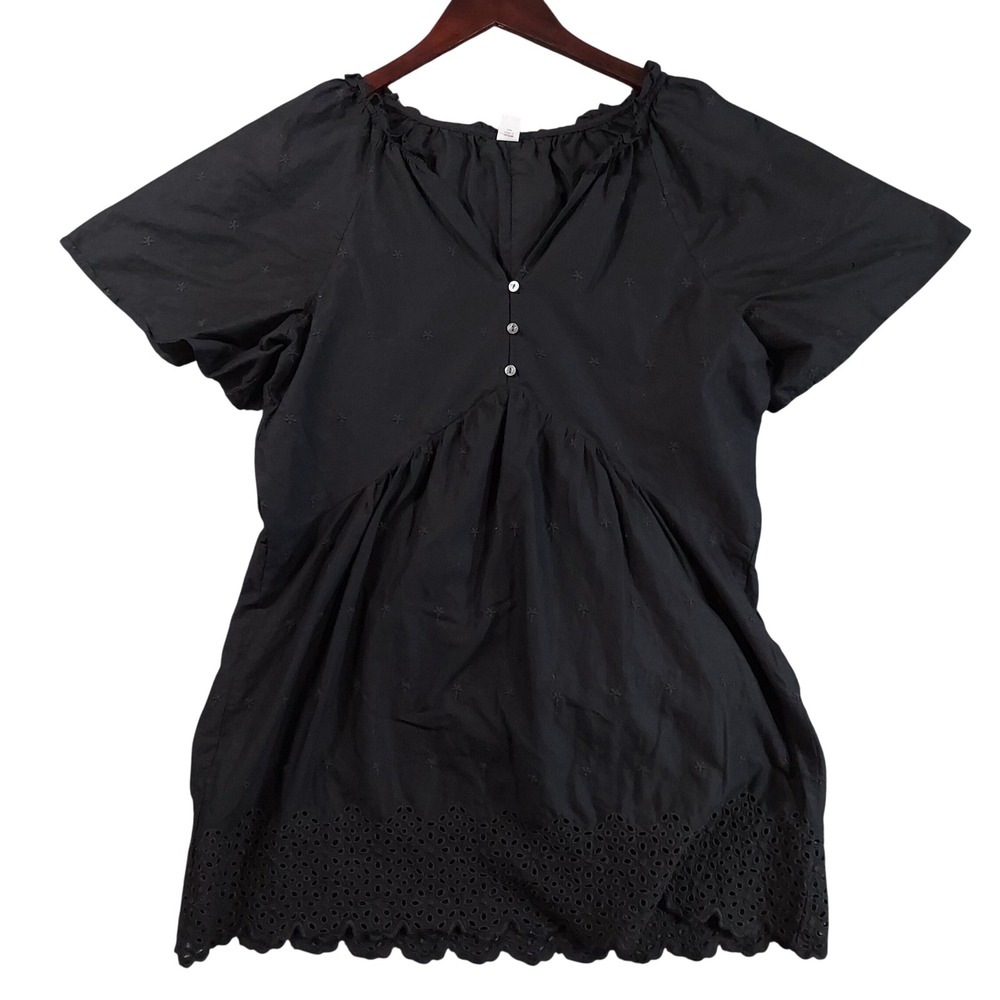 Old Navy Eyelet Hem Embroidered Top Womens Medium Black Boho V-Neck Witchy